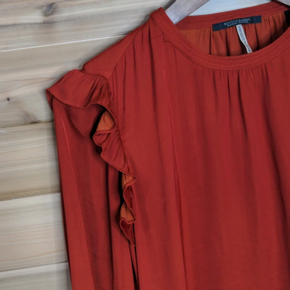 Scotch and Soda Ruffle Blouse in Burnt Orange size Small - Picture 2 of 11